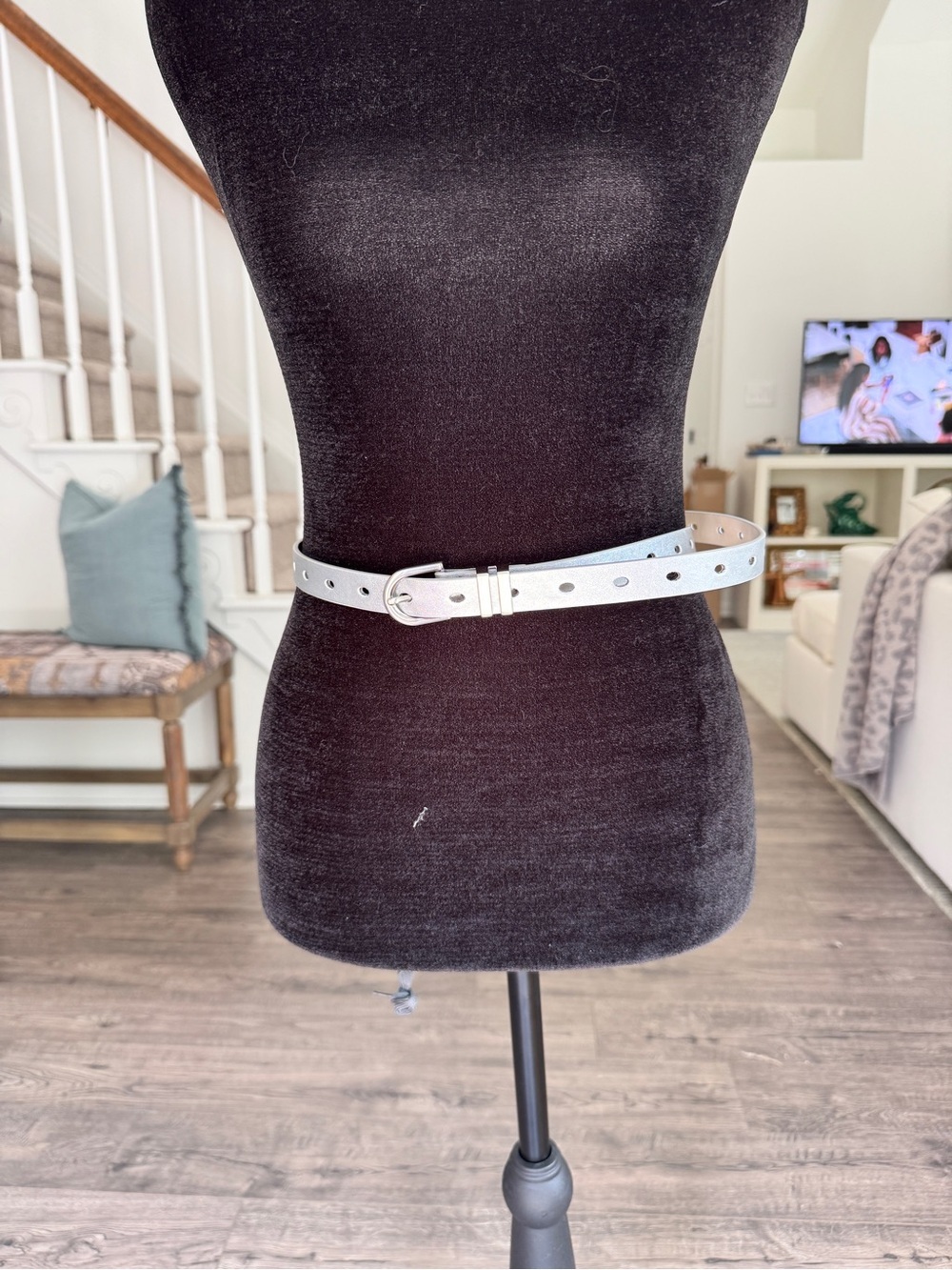 Skinny Metallic Silver Leather Belt with Silver Buckle